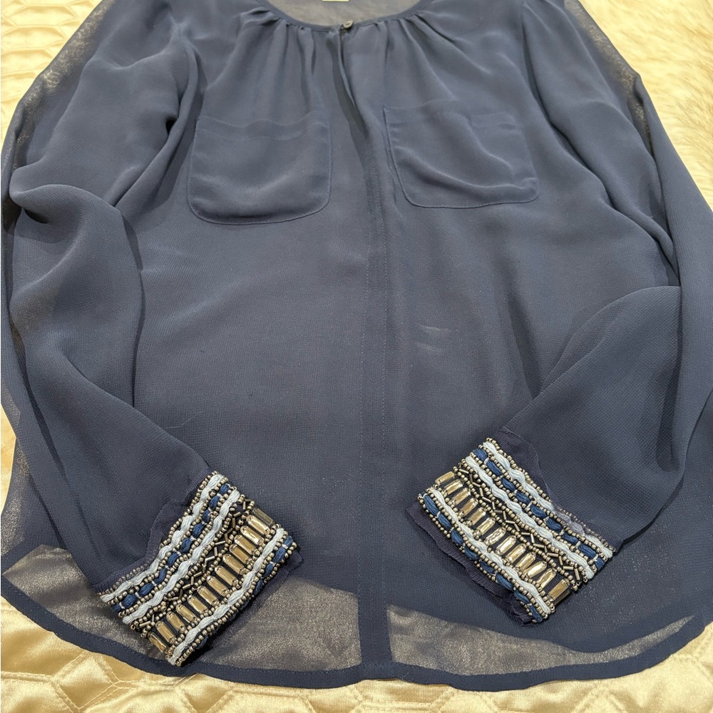 Carmen Marc Valvo Navy Blouse with Beaded Cuffs